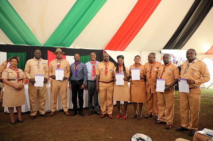 Commissioners Richard Openda and Bruce Shiholo among other commissioners including the Chief Commissioner Victor Radido pose for a photo after being awarded with 3 beads iand 4 beads for Chief Commissioner in Nov. 2022. Uasin Gushu has only 3 members with 3 beads.